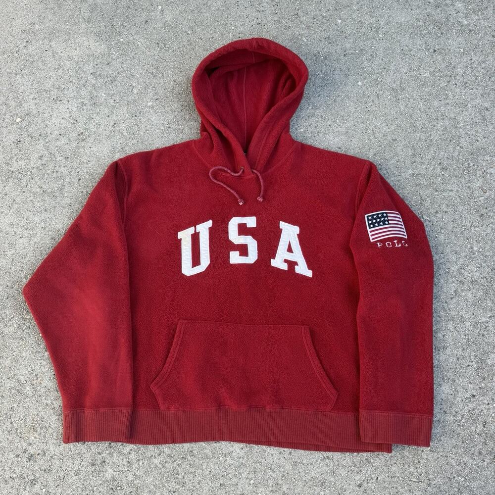 Vintage 90s Polo Sport Ralph Lauren Red USA Fleece Hoodie Sz L Made In USA